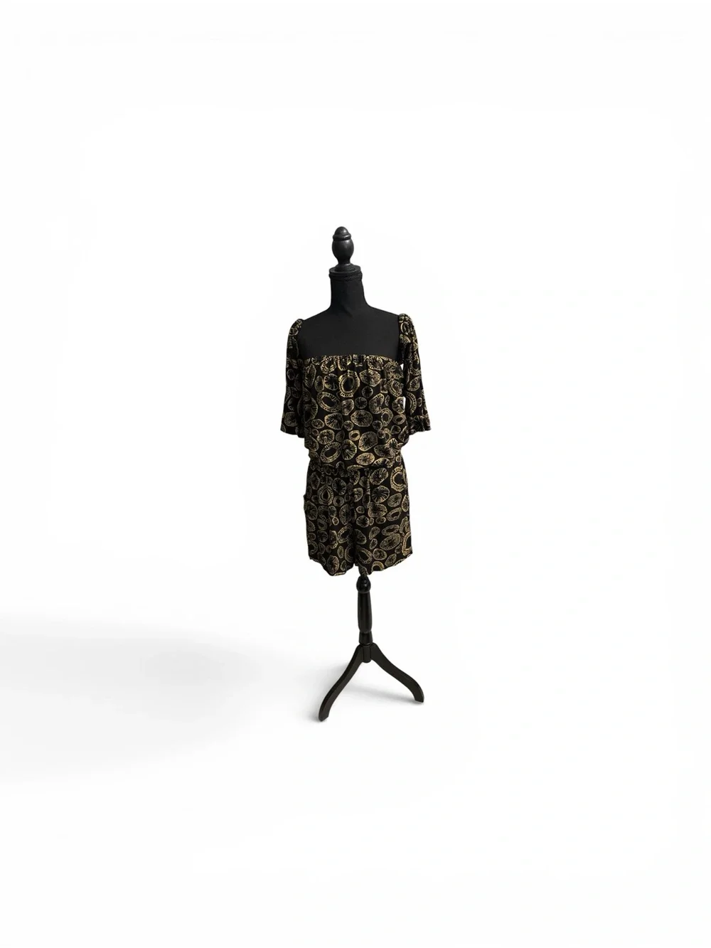 Off-Shoulder Black and Gold Printed Opihi Romper